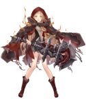  1girl :d belt blonde_hair boots cloak dress eyes_visible_through_hair full_body hair_ribbon holding holding_weapon hood hood_up hooded_cloak ji_no little_red_riding_hood_(sinoalice) long_hair looking_at_viewer mace official_art open_mouth orange_hair ribbon sinoalice smile solo torn_cloak torn_clothes transparent_background upper_teeth weapon 