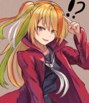  !? 1girl :d black_sailor_collar black_shirt blonde_hair coat eyebrows_visible_through_hair eyes_visible_through_hair green_hair hand_up long_hair long_sleeves looking_at_viewer moppo multicolored_hair neckerchief nikaidou_saki one_side_up open_clothes open_coat open_mouth orange_eyes orange_hair red_coat sailor_collar school_uniform serafuku shirt smile solo streaked_hair v-shaped_eyebrows white_neckwear zombie_land_saga 