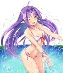  1girl bikini breasts commentary cowboy_shot flower hair_flower hair_ornament hairband highres horizon kawase_seiki looking_at_viewer one_eye_closed open_mouth plaid plaid_bikini pointy_ears purple_bikini purple_hair red_eyes red_hairband side-tie_bikini simple_background small_breasts solo splashing swimsuit sword_art_online water white_background yuuki_(sao) 