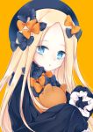  1girl :o abigail_williams_(fate/grand_order) bangs black_bow black_dress black_headwear blonde_hair blue_eyes bow dress fate/grand_order fate_(series) forehead hair_bow hat long_hair long_sleeves looking_at_viewer looking_to_the_side object_hug orange_background orange_bow parted_bangs parted_lips pixiv_fate/grand_order_contest_1 polka_dot polka_dot_bow simple_background sleeves_past_fingers sleeves_past_wrists solo stuffed_animal stuffed_toy teddy_bear tm21 upper_body 