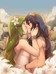  2girls absurdres bangs blue_hair blush closed_eyes couple dress earrings fire_emblem fire_emblem:_kakusei flower frogbians green_hair highres jewelry kid_icarus long_hair lucina multiple_girls palutena simple_background smile super_smash_bros. tiara yuri 