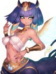  1girl animal_ears bare_shoulders blue_eyes breasts cat_ears covered_nipples dark_skin egyptian fang fingernails fumio_(rsqkr) highres kurekurepatra large_breasts light_smile looking_at_viewer monster_girl navel parted_lips smile solo sphinx under_boob wings youkai_watch 