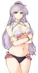 1girl bead_bracelet beads bikini bracelet breasts closed_mouth commentary corrin_(fire_emblem) corrin_(fire_emblem)_(female) corrin_(fire_emblem)_(female)_(cosplay) crossed_arms fire_emblem fire_emblem:_seisen_no_keifu fire_emblem_heroes fire_emblem_if highres intelligent_systems ishtar_(fire_emblem) jewelry large_breasts long_hair navel nintendo ponytail purple_hair shell shell_bikini solo swimsuit transparent_background tridisart violet_eyes