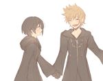  1boy 1girl black_clothes black_coat black_coat_(kingdom_hearts) black_gloves black_hair blonde_hair closed_eyes commentary_request gloves highres holding_hands hood hood_down kingdom_hearts kingdom_hearts_358/2_days light_blush looking_at_another printemps roxas short_hair simple_background sketch spiky_hair upper_body white_background xion_(kingdom_hearts) 