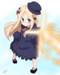 1girl abigail_williams_(fate/grand_order) bangs black_bow black_dress black_footwear black_headwear blonde_hair blue_background blue_eyes blush bow bug butterfly closed_mouth commentary dress fate/grand_order fate_(series) forehead full_body gradient gradient_background hair_bow hat highres insect kujou_karasuma long_hair long_sleeves orange_bow parted_bangs shoes sleeves_past_fingers sleeves_past_wrists solo ssss.gridman v-shaped_eyebrows very_long_hair white_background 