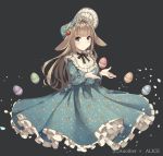  1girl absurdres animal_ears anotherxalice bangs blue_dress blue_eyes blunt_bangs bonnet brown_hair copyright_name dress easter easter_egg egg floppy_ears floral_print food_themed_hair_ornament frills full_body grey_background hair_ornament highres lolita_fashion long_dress long_hair long_sleeves looking_at_viewer neck_ribbon nyasunyadoora official_art parted_lips petticoat rabbit_ears ribbon simple_background solo strawberry_hair_ornament very_long_hair 