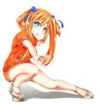  1girl alternate_costume bare_legs blue_eyes blush breasts china_dress chinese_clothes dress fighting_stance floral_print full_body hair_between_eyes high_heels highres kurozero legs looking_at_viewer medium_breasts neptune_(series) open_mouth orange_dress orange_hair orange_heart power_symbol serious shin_jigen_game_neptune_vii simple_background solo squatting symbol-shaped_pupils thighs twintails white_background 