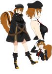  1girl animal_ears bare_shoulders beret black_footwear blazblue boots breasts brown_eyes brown_hair cloak closed_mouth eyebrows_visible_through_hair full_body gloves hair_between_eyes hat highres knee_boots looking_at_viewer looking_to_the_side makoto_nanaya military military_uniform multicolored_hair multiple_views necktie open_mouth purinnssu salute short_hair simple_background smile squirrel_ears squirrel_tail standing tail two-tone_hair uniform white_background 
