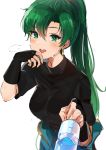  1girl black_shirt blush bottle commentary earrings english_commentary fingerless_gloves fire_emblem gloves green_eyes green_hair hair_between_eyes highres jewelry long_hair lyndis_(fire_emblem) ormille painterly ponytail shirt sweat water_bottle white_background wiping_mouth 