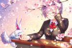  1girl bangs black-framed_eyewear black_jacket bow bowtie brown_eyes cherry_blossoms collared_shirt desk dress_shirt eyebrows_visible_through_hair fate/grand_order fate_(series) fou_(fate/grand_order) glasses hand_in_hair jacket long_sleeves mash_kyrielight pink_hair red_bow red_neckwear shirt short_hair sitting solo upper_body white_shirt wing_collar yumesaki_takeshi 