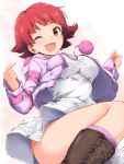  1girl boots breasts commentary_request dress highres idolmaster idolmaster_million_live! jacket large_breasts mp26player nonohara_akane one_eye_closed open_mouth red_eyes redhead short_hair solo thighs white_dress 