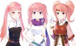  3girls absurdres arms_behind_back belt breastplate brown_eyes closed_mouth commentary_request elbow_gloves fire_emblem fire_emblem:_three_houses fire_emblem:_rekka_no_ken fire_emblem_echoes:_mou_hitori_no_eiyuuou gloves hand_on_hip headband highres hilda_(fire_emblem:_three_houses) intelligent_systems koei_tecmo long_hair mae_(fire_emblem) multiple_girls nintendo parted_lips pink_eyes pink_hair pppepetps serra short_sleeves simple_background smile trait_connection twintails upper_body violet_eyes white_background white_gloves 