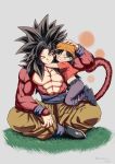  1boy 1girl abs bandana black_hair blush closed_eyes commentary_request dragon_ball dragon_ball_gt fur grandfather_and_granddaughter grey_background hand_on_another&#039;s_head highres hug indian_style mattari_illust one_eye_closed pan_(dragon_ball) pectorals simple_background sitting smile son_gokuu spiky_hair super_saiyan_4 tail wristband yellow_eyes 