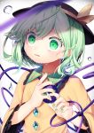  1girl absurdres arms_up black_headwear blouse blurry commentary_request depth_of_field eyebrows_visible_through_hair frilled_shirt_collar frilled_sleeves frills green_eyes green_hair green_nails gunjou_row hair_between_eyes hat highres komeiji_koishi long_sleeves looking_away nail_polish parted_lips short_hair simple_background solo standing tears third_eye touhou upper_body water_drop white_background wide-eyed yellow_blouse 