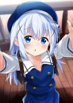  1girl :o absurdres arms_up back backpack bag bangs beret blue_eyes blue_hair blue_headwear blue_skirt blue_vest blurry blurry_background blush chestnut_mouth commentary depth_of_field eyebrows_visible_through_hair from_above gochuumon_wa_usagi_desu_ka? hair_between_eyes hair_ornament hat highres indoors kafuu_chino kafuu_chino&#039;s_school_uniform long_hair long_sleeves looking_at_viewer looking_up mousou_(mousou_temporary) outstretched_arms parted_lips railing reaching_out sailor_collar school_uniform shirt skirt solo vest white_sailor_collar white_shirt wooden_floor x_hair_ornament 