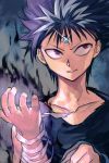  1boy bandages black_fire black_hair fire flame hankuri hiei_(yuu_yuu_hakusho) male_focus multicolored_hair simple_background smile solo spiky_hair third_eye two-tone_hair upper_body white_hair yuu_yuu_hakusho 