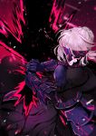  1girl absurdres armor armored_dress artoria_pendragon_(all) bfi7984 black_bow black_dress bow covered_eyes dress fate/stay_night fate_(series) faulds floating_hair frown gauntlets highres huge_filesize invisible saber_alter short_hair silver_hair solo 