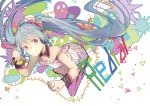  1girl aqua_eyes aqua_hair bow cable chinese_commentary collarbone commentary corded_phone detached_collar dress floating full_body hair_bow hatsune_miku headphones hhhhhoi holding holding_phone leaning_forward long_hair phone purple_legwear redial_(vocaloid) smile solo song_name spaghetti_strap thigh-highs triangle twintails very_long_hair vocaloid white_dress wrist_cuffs 