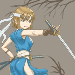  1girl ass blue_eyes brown_hair fingerless_gloves gloves hand_on_hip headband highres holding holding_sword holding_weapon japanese_clothes kageng katana ninja original sash saya_(scabbard) short_hair side_slit simple_background sleeveless solo sword weapon 