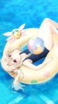  1girl absurdres alternate_hairstyle arm_up ball beachball blonde_hair blue_swimsuit collarbone eyebrows_visible_through_hair fate/kaleid_liner_prisma_illya fate_(series) from_above hair_ribbon highres illyasviel_von_einzbern innertube long_hair looking_at_viewer lying magical_ruby official_art on_back pool red_eyes red_ribbon ribbon school_swimsuit side_ponytail smile solo swimsuit 
