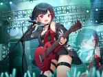  1girl absurdres afterglow_(bang_dream!) bang_dream! bangs bare_shoulders belt black_belt black_bra black_hair bob_cut bra commentary electric_guitar eyebrows_visible_through_hair guitar happy highres holding holding_microphone instrument jacket lamp long_sleeves looking_at_viewer microphone microphone_stand mitake_ran multicolored_hair munseonghwa red_eyes red_shirt redhead shirt short_hair solo streaked_hair underwear 
