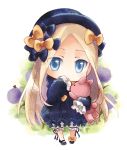  1girl abigail_williams_(fate/grand_order) bangs black_bow black_dress black_footwear black_headwear blonde_hair bloomers blue_eyes bow bug butterfly chibi closed_mouth commentary_request dress fate/grand_order fate_(series) flower forehead full_body hair_bow hand_up hat highres insect ishika long_hair long_sleeves looking_at_viewer object_hug orange_bow parted_bangs purple_flower shoes sleeves_past_fingers sleeves_past_wrists solo standing stuffed_animal stuffed_toy teddy_bear underwear very_long_hair white_bloomers 