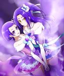  2girls :d absurdres black_legwear blue_bow blue_ribbon bow collarbone dokidoki!_precure dutch_angle elbow_gloves eyes_visible_through_hair floating_hair gloves hair_bow hair_ornament hair_ribbon heart heart_hair_ornament highres holding_hand interlocked_fingers jewelry kenzaki_makoto kurokawa_eren layered_skirt long_hair long_sleeves looking_at_viewer miniskirt multiple_girls necklace niita off-shoulder_shirt off_shoulder open_mouth precure purple_hair ribbon see-through_silhouette shirt short_hair side_ponytail skirt smile suite_precure thigh-highs very_long_hair violet_eyes white_gloves yellow_eyes zettai_ryouiki 