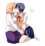  2girls ahoge arcueid_brunestud blue_skirt blush ciel closed_eyes collared_shirt facing_another glasses heart holding_hands imminent_kiss kneeling long_skirt long_sleeves medium_hair multiple_girls pikakoya pleated_skirt purple_skirt red_neckwear school_uniform shirt skirt smile sweater tsukihime turtleneck turtleneck_sweater white_sweater yuri 