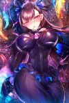  1girl arm_behind_head bangs black_dress blush breasts brown_hair commentary_request double_bun dress eyebrows_visible_through_hair fate/grand_order fate_(series) frills hair_between_eyes hair_ornament hand_on_own_chest highres juliet_sleeves large_breasts light_particles long_hair long_sleeves looking_at_viewer murasaki_shikibu_(fate) parted_lips puffy_sleeves silly_(marinkomoe) sleeves_past_wrists solo two_side_up very_long_hair violet_eyes 