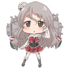  1girl :o anchor arm_up boots bow bowtie brown_eyes chibi corset eyebrows_visible_through_hair grey_hair hair_between_eyes hat highres kantai_collection knee_boots long_hair long_sleeves machinery mini_hat miniskirt mizunototori pola_(kantai_collection) red_neckwear shirt short_eyebrows simple_background skirt sleeves_past_wrists solo thick_eyebrows thigh-highs turret wavy_hair white_background white_legwear white_shirt 