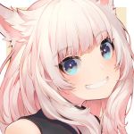  1girl akizone animal_ears bangs bare_shoulders blue_eyes blush commentary english_commentary eyebrows_visible_through_hair face grin long_hair looking_at_viewer original smile solo teeth white_hair wolf_ears 