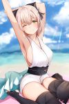  1girl ;) ahoge bangs beach black_bow black_legwear blonde_hair blue_sky blurry blurry_background blush bow breasts closed_mouth commentary_request day eyebrows_visible_through_hair fate/grand_order fate_(series) hair_between_eyes hair_bow highres koha-ace large_breasts looking_at_viewer obi okita_souji_(fate) okita_souji_(fate)_(all) one_eye_closed outdoors sash short_hair sidelocks sitting sky smile solo sunlight thigh-highs toeless_legwear uiri-na wariza yellow_eyes 