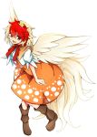 1girl baba_(baba_seimaijo) bird blonde_hair boots chick commentary_request highres looking_at_viewer multicolored_hair niwatari_kutaka open_mouth puffy_short_sleeves puffy_sleeves red_eyes redhead short_hair short_sleeves touhou two-tone_hair white_background wings 