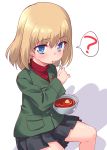  1girl ? bangs black_skirt blonde_hair blue_eyes bowl commentary eating eyebrows_visible_through_hair fang food food_on_face girls_und_panzer green_jacket highres holding holding_bowl holding_spoon insignia jacket katyusha kuzuryuu_kennosuke light_blush long_sleeves looking_at_viewer miniskirt pleated_skirt pravda_school_uniform red_shirt school_uniform shirt short_hair sitting skirt solo soup spoken_question_mark spoon turtleneck white_background 