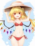  1girl :d arms_up bangs bare_arms bare_shoulders bikini blonde_hair blue_background blush breasts brown_headwear collarbone commentary_request cowboy_shot crystal eyebrows_visible_through_hair fang flandre_scarlet groin hair_between_eyes halterneck hands_on_headwear long_hair looking_at_viewer m9kndi navel one_side_up open_mouth red_bikini red_eyes side-tie_bikini skin_fang small_breasts smile solo standing stomach swimsuit thighs touhou wings 
