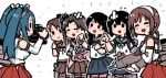  6+girls ayanami_(kantai_collection) bandages black_hair blue_hair blue_sailor_collar braid brown_hair brown_sailor_collar brown_skirt camera closed_eyes commentary_request detached_sleeves hair_between_eyes hair_ribbon hairband isonami_(kantai_collection) isuzu_(kantai_collection) kantai_collection long_hair machinery medal multiple_girls natori_(kantai_collection) pleated_skirt red_skirt ribbon sailor_collar school_uniform serafuku shikinami_(kantai_collection) short_hair side_ponytail sidelocks single_braid skirt solid_oval_eyes terrajin twin_braids twintails uranami_(kantai_collection) white_hairband 