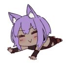  1girl :&gt; =_= animal_ear_fluff animal_ears bangs black_bodysuit blush bodysuit chibi closed_eyes closed_mouth dark_skin eyebrows_visible_through_hair facing_viewer fate/prototype fate/prototype:_fragments_of_blue_and_silver fate_(series) full_body hair_between_eyes hassan_of_serenity_(fate) i.u.y kemonomimi_mode lying on_stomach outstretched_arms purple_hair solo transparent_background 