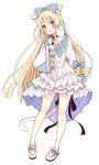  1girl :p animal animal_ear_fluff animal_ears animal_on_shoulder bangs bell bell_choker black_choker blonde_hair blue_bow blue_eyes blush bow bunny_on_shoulder cat_ears cat_girl cat_tail choker closed_mouth diagonal_stripes dress eyebrows_visible_through_hair frilled_sleeves frills full_body hair_between_eyes hair_bow head_tilt highres jingle_bell long_hair long_sleeves original rabbit sakura_oriko shoes simple_background smile solo standing striped striped_bow tail tongue tongue_out very_long_hair white_background white_dress white_footwear wide_sleeves yellow_bow 