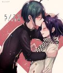  2boys ahoge black_hair black_shirt blush checkered checkered_scarf commentary_request dangan_ronpa dated eyebrows_visible_through_hair forehead_kiss hand_on_head heart jacket kiss long_sleeves male_focus medium_hair multiple_boys new_dangan_ronpa_v3 ouma_kokichi parted_lips purple_hair saihara_shuuichi scarf shirt short_hair striped striped_shirt translated twitter_username upper_body white_jacket yaoi z-epto_(chat-noir86) 