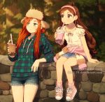  2girls against_wall antenna_hair arm_support artist_name blouse blush bow brown_eyes brown_hair bubble_tea closed_mouth clothes_around_waist collarbone commentary cup cutoffs dav-19 denim denim_shorts denim_skirt deviantart_username disney disposable_cup drawstring drinking_straw flannel foot_dangle forest freckles fur_hat gravity_falls green_eyes hair_over_one_eye hairband hat holding holding_cup hood hood_down hoodie long_sleeves looking_away mabel_pines multiple_girls nature no_socks on_wall orange_hair outdoors pink_footwear plaid shoes short_sleeves shorts sitting skirt smile sneakers standing stone_wall summer sunset sweater_around_waist sweatshirt tumblr_username wall watermark web_address wendy_corduroy white_blouse 