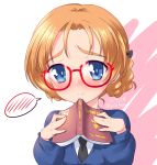  1girl bangs bespectacled black_neckwear blue_eyes blue_sweater blush book braid closed_mouth commentary dated eyebrows_visible_through_hair girls_und_panzer glasses highres holding holding_book kuzuryuu_kennosuke long_sleeves looking_at_viewer necktie nose_blush orange_hair orange_pekoe parted_bangs red-framed_eyewear school_uniform shirt short_hair smile solo spoken_blush st._gloriana&#039;s_school_uniform sweater tied_hair twin_braids twitter_username upper_body v-neck white_background white_shirt 