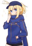  1girl :3 afterimage ahoge ahoge_wag artoria_pendragon_(all) bangs baseball_cap black_shorts blonde_hair blue_eyes blue_headwear blue_jacket blue_scarf blush closed_mouth expressive_hair eyebrows_visible_through_hair fate/grand_order fate_(series) hair_between_eyes hair_through_headwear hand_in_pocket hand_up hat i.u.y jacket long_hair mysterious_heroine_x ponytail rojiura_satsuki:_chapter_heroine_sanctuary scarf short_shorts shorts simple_background solo sparkle track_jacket white_background 