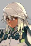  1girl cape closed_mouth dark_skin grey_background guilty_gear guilty_gear_xrd hair_between_eyes hankuri high_collar looking_at_viewer no_hat no_headwear orange_eyes parted_lips platinum_blonde_hair ramlethal_valentine simple_background solo upper_body white_cape 