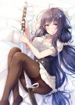  1girl :o akashio_(loli_ace) azuma_(azur_lane) azur_lane bangs bed_sheet between_legs black_hair black_legwear blush breasts brown_eyes brown_legwear collarbone collared_shirt commentary_request corset dress_shirt eyebrows_visible_through_hair fingernails flower gloves hair_between_eyes hair_flower hair_ornament hairclip highres holding holding_sheath holding_sword holding_weapon katana large_breasts long_hair looking_at_viewer lying no_shoes on_side open_mouth panties panties_under_pantyhose pantyhose parted_lips pillow sheath sheathed shirt short_sleeves skirt solo sword thighband_pantyhose underwear very_long_hair weapon white_flower white_shirt white_skirt 
