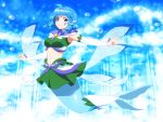  1girl adapted_costume ahoge air_bubble bangs bare_shoulders beads blue_eyes blue_hair breasts brooch bubble commentary cosplay crop_top cure_mermaid cure_mermaid_(cosplay) detached_sleeves drill_hair drill_locks eyebrows_visible_through_hair full_body go!_princess_precure green_skirt head_fins jewelry large_breasts light_rays looking_at_viewer mermaid midriff miniskirt monster_girl navel outstretched_arm precure shirosato short_hair skirt skirt_set smile solo stomach touhou underwater wakasagihime 