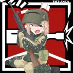  1girl absurdres aliasing antyobi0720 artist_name bangs belt black_footwear body_armor boots camouflage character_name commentary cosplay dp-28 emblem english_commentary eyebrows_visible_through_hair fang flag girls_und_panzer green_belt green_jacket green_pants grey_headwear gun helmet highres holding holding_gun holding_weapon jacket katyusha long_sleeves looking_at_viewer open_mouth oversized_clothes pants pouch rainbow_six_siege short_hair sitting sleeves_past_fingers sleeves_past_wrists smirk solo tachanka_(rainbow_six_siege) tachanka_(rainbow_six_siege)_(cosplay) v-shaped_eyebrows wariza weapon white_flag 