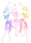  5girls akemi_homura armpits arms_up ballet bare_arms bare_legs bare_shoulders barefoot blonde_hair blue_hair blue_theme bubble_skirt dancing drill_hair expressionless eyebrows_visible_through_hair full_body glowing hair_ribbon kaname_madoka long_hair long_sleeves mahou_shoujo_madoka_magica miki_sayaka multiple_girls outstretched_arms pink_hair pink_ribbon pink_theme pleated_skirt pokki_(sue_eus) profile puffy_short_sleeves puffy_sleeves purple_hair purple_ribbon purple_shirt purple_skirt purple_theme red_theme redhead ribbon sakura_kyouko see-through shirt short_hair short_sleeves simple_background skirt soul_gem strapless tiptoes tomoe_mami twin_drills twintails white_background yellow_theme 
