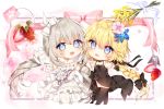 2girls bangs bare_shoulders black_bow black_dress black_footwear black_gloves black_legwear blonde_hair blue_eyes blue_flower bow chibi commentary dress english_commentary eyebrows_visible_through_hair fate_(series) flower food fruit gloves grey_hair hair_between_eyes hair_bow hair_flower hair_ornament heart highres jeanne_d&#039;arc_(fate) jeanne_d&#039;arc_(fate)_(all) low_twintails marie_antoinette_(fate/grand_order) multiple_girls pink_flower purple_flower see-through shoes sleeveless sleeveless_dress standing strawberry strawberry_blossoms taya_5323203 thigh-highs twintails white_bow white_dress white_footwear white_gloves yellow_flower 