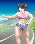  1girl black_hair car commentary denim denim_shorts facing_away from_behind ground_vehicle hand_on_hip hitchhiking mora_nobi motor_vehicle muscle muscular_female original outdoors panties ponytail road short_shorts shorts solo sports_bra underwear 