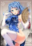  1girl :d blue_dress blue_hair blush breasts china_dress chinese_clothes commentary covered_nipples double_bun dress elbow_gloves eyebrows_visible_through_hair fan folding_fan gloves impossible_clothes impossible_dress kantai_collection kyougoku_shin large_breasts leg_up long_hair no_panties open_mouth smile solo thigh-highs urakaze_(kantai_collection) white_gloves white_legwear 